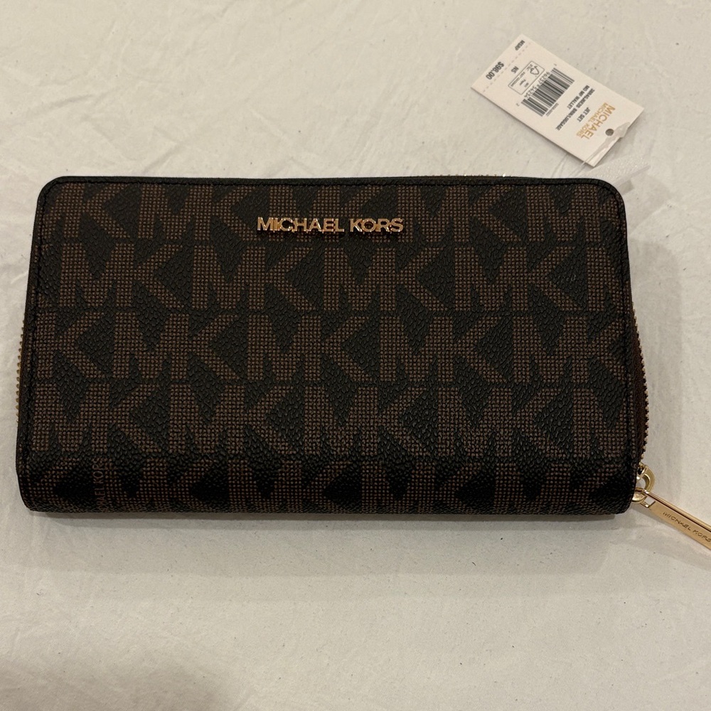 Michael Kors Brown/Black Monogram Zip Wallet with Gold Logo